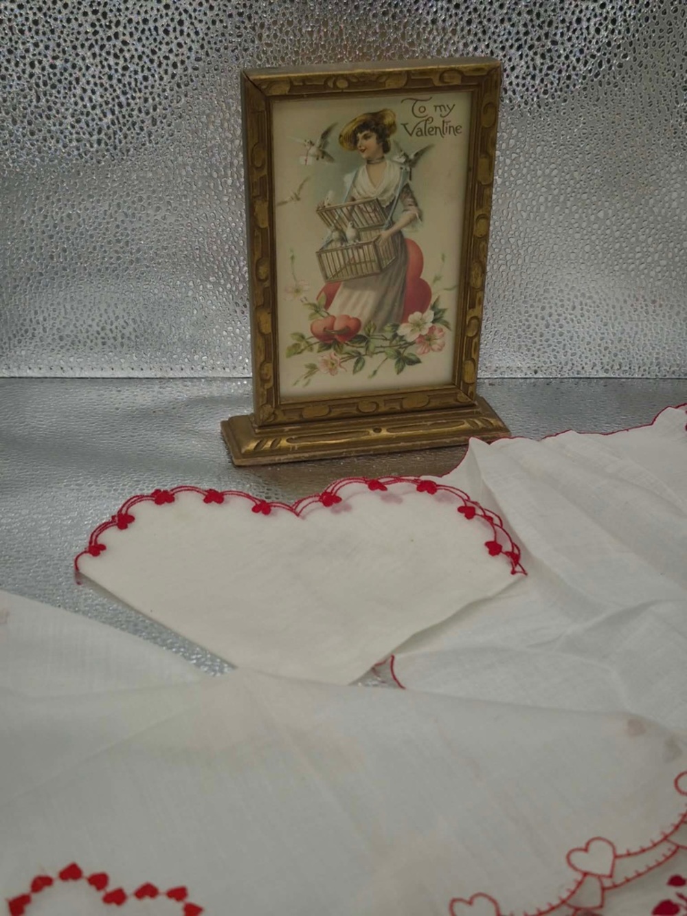 Antique Victorian Valentine Framed & Vintage Linen Lot  3 Glamour Girl Hankies